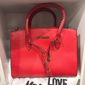 Love Moschino Red Braided-Handle Satchel with Gold Accents